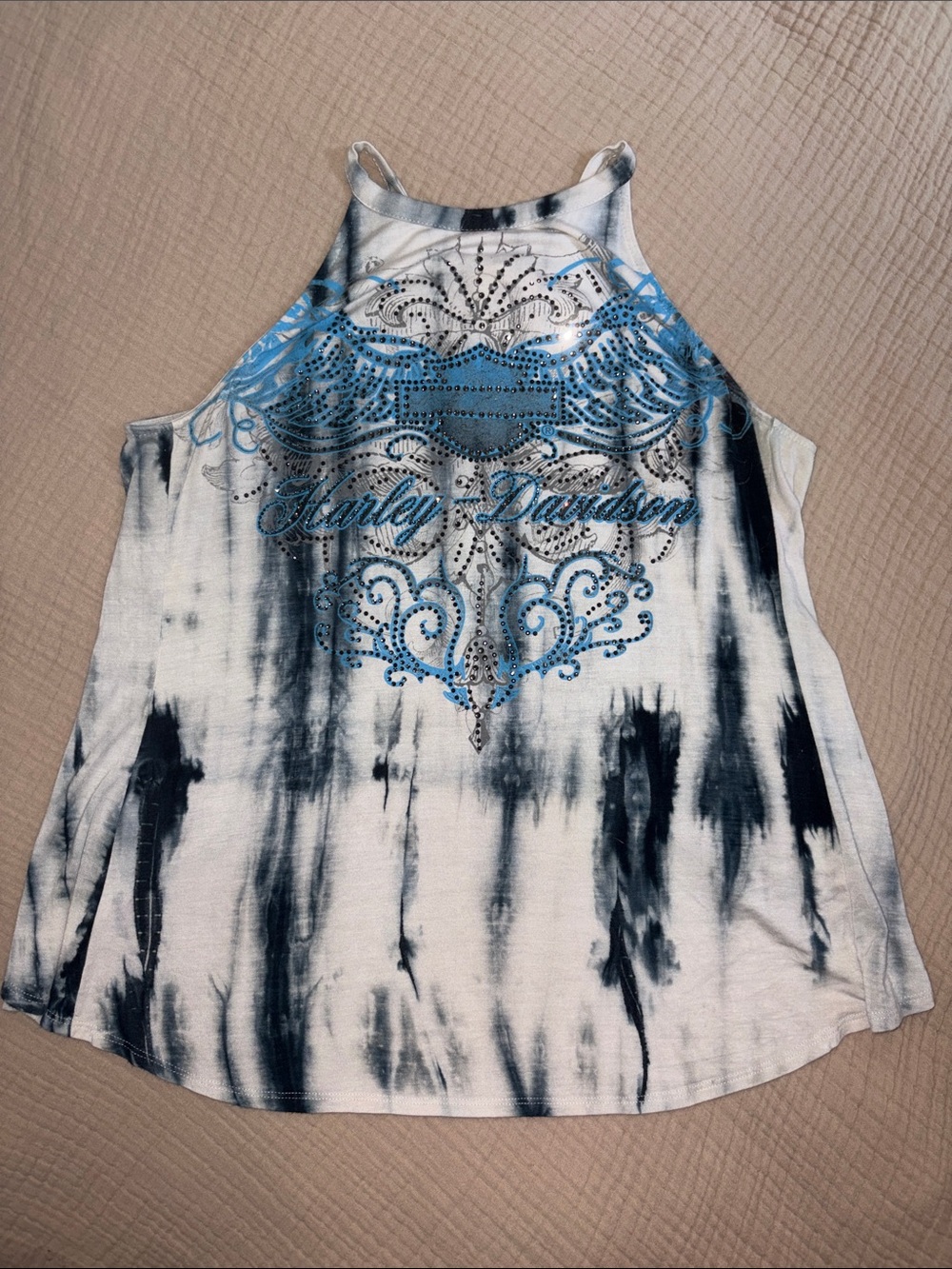 Harley Davidson Blue Ombré Tie Dye Halter Top with Rhinestones Split Back